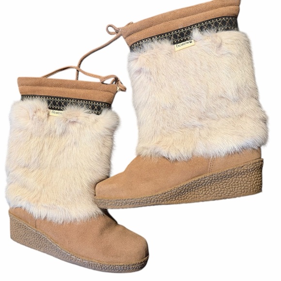BEARPAW Genuine Sheepskin Suede Rabbit Fur-Trimmed Wedge Boots Women’s 8 - Picture 2 of 11